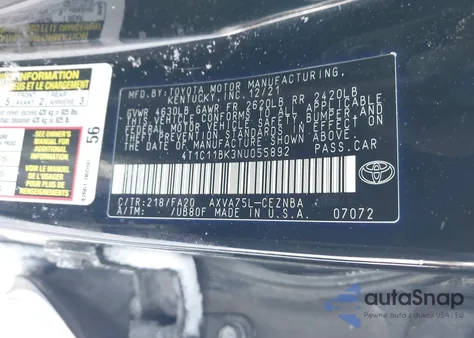 2022 Toyota Camry Le Awd z USA, uszkodzony, nr VIN 4T1C11BK3NU055892